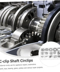 Close-up of 175 Piece Steel C Type External Circlip Snap Ring Assortment Kit in use on machinery parts for automotive repair.