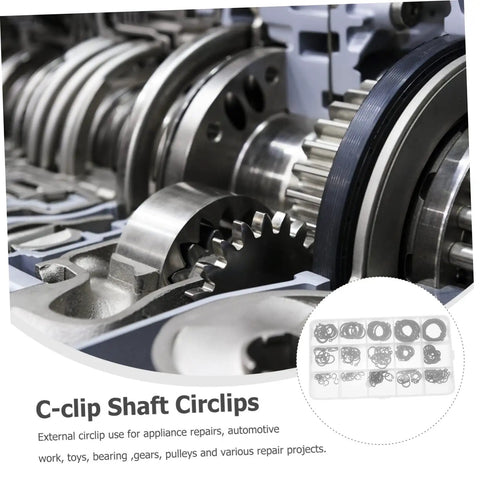 Close-up of 175 Piece Steel C Type External Circlip Snap Ring Assortment Kit in use on machinery parts for automotive repair.