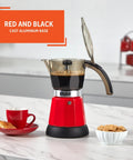 Kickstart Your Day With This Dope Compact Electric Espresso Coffee Maker Featuring A Seriously Cool Touch Handle And Versatile 3 6 Cup Capacity For Quick Perky Shots In Bold Red, showing brewed coffee and cookies.