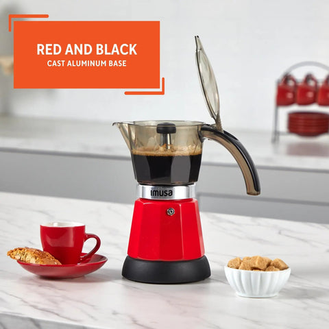 Kickstart Your Day With This Dope Compact Electric Espresso Coffee Maker Featuring A Seriously Cool Touch Handle And Versatile 3 6 Cup Capacity For Quick Perky Shots In Bold Red, showing brewed coffee and cookies.