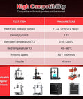 Compatibility parameters for Silk Dual Color 1.75mm PLA Filament for 3D printing, showing temperature, speed, nozzle size.