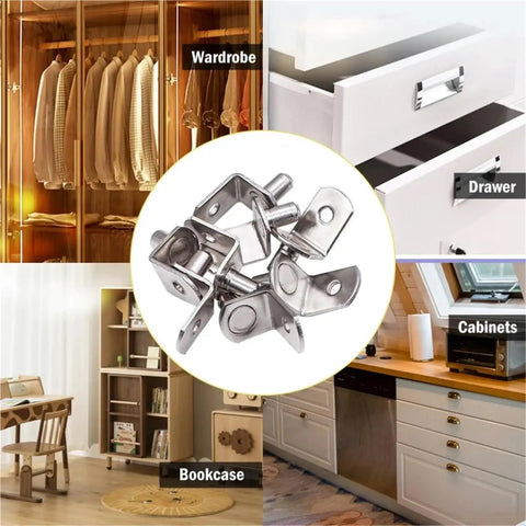 Heavy Duty Shelf Pins And L Shaped Brackets Nickel Plated Set shown in use with wardrobe, drawer, bookcase, and cabinets