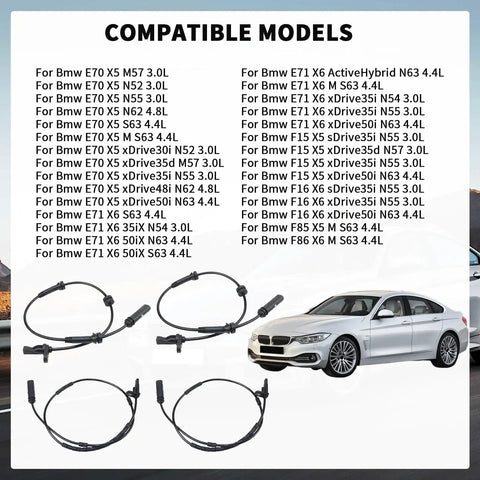 Four Piece Abs Wheel Speed Sensor Kit For Bmw Front And Rear Anti Lock Braking System with compatible models listing.