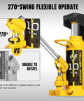 Yellow toe jack hydraulic lifting jack for automotive repair; 5-ton toe capacity, 10-ton top capacity.