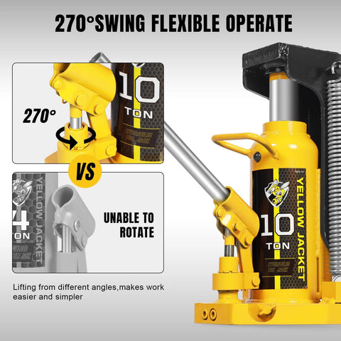 Yellow toe jack hydraulic lifting jack for automotive repair; 5-ton toe capacity, 10-ton top capacity.