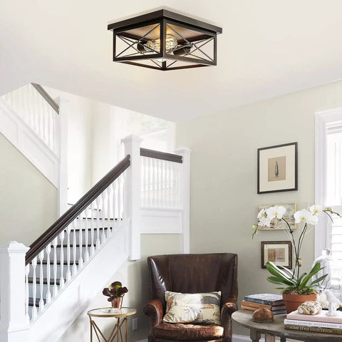 Industrial Two Light Retro Flush Mount Ceiling Light Fixture For Entryway Hallway Foyer And Cozy Living Spaces Vintage Black Cage