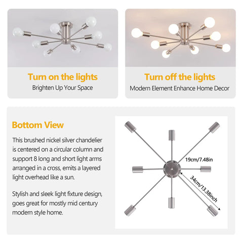 8 Light Sputnik Ceiling Chandelier In Brushed Nickel Silver product dimensions and lighting effect comparison