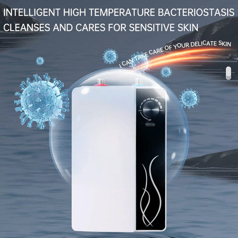 Compact 1500W 10L Electric Water Heater 110V with bacteria symbols, showing its high-temperature cleaning capability.