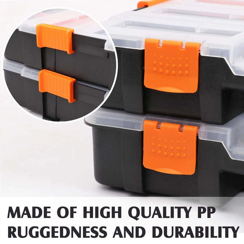 Close-up of two-piece 15 inch toolbox organizer set with 34 compartments, black and orange plastic for screws, nuts, small parts.