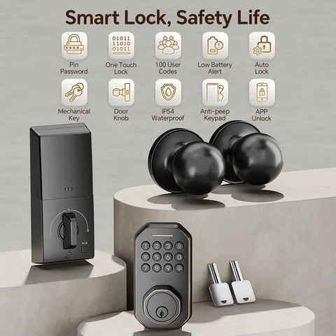 Dead Simple Keyless Entry Door Lock With Knob Set In Classic Oil Rubbed Bronze features smart app control and 100 user codes.