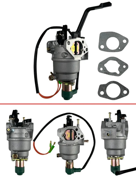 Front and side view of Generator Carburetor Kit Replacement For Champion Predator Generac 420cc 439cc 459cc 11hp 13hp GX390 6500 8750 9000 5500 7000 8000 7500 9500 Watts With 27mm Carb And Air Intake For Easy Install.