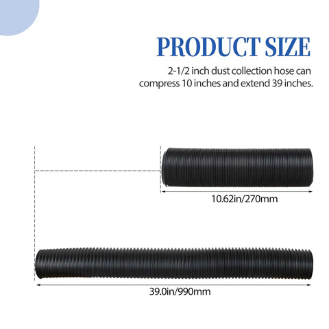 2 1/2 Inch Flexible Dust Collection Hose For Drill Press And Woodworking Tools, compressed and extended view, dimensions shown