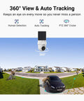 Wireless Outdoor Home Security System With Four Cameras No Monthly Fees Solar Powered Long Local Storage 360 Degree PTZ Surveillance Auto Tracking shown monitoring a driveway