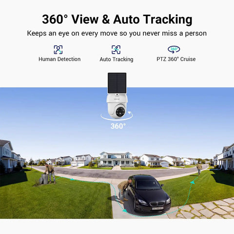 Wireless Outdoor Home Security System With Four Cameras No Monthly Fees Solar Powered Long Local Storage 360 Degree PTZ Surveillance Auto Tracking shown monitoring a driveway