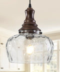 Vintage Glass Pendant Light Kitchen Island with Walnut Wood 9.8in, clear textured glass shade with walnut finish detail.