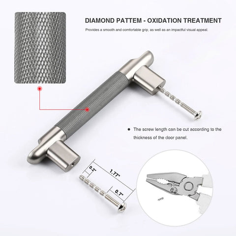 Knurled Cabinet Pulls Three And Three Quarters Inch Center To Center Five Pack In Grey And Brushed Nickel, close-up with screw detail