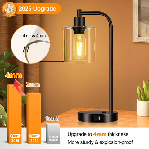 Pair Of Slick Smart Touch Table Lamps With USB C And USB A Ports And AC Outlet, showcasing 4mm thick glass shade and industrial look
