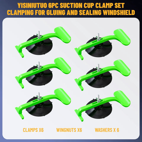 Heavy Duty Suction Cup Clamp Set For Car Convertibles And Windshields, 6 Pack Glass Repair Kit with green handles and black cups