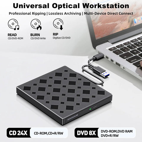 8 In 1 External CD DVD Drive For Laptop With USB 3.0 And USB C Portable CD Player And DVD Burner External Disc Drive For PC Mac Windows Built In USB Hub Plus SD And TF Card Reader Plug And Play Travel Ready, black slim optical drive