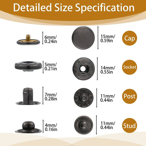Detailed size specification of 12 Set 15mm Metal Snap Button Kit With 4 Install Tools For Leather Jackets Bags Fabric Jeans And DIY Sewing
