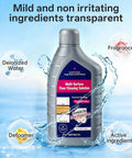Bottle of 70.54 Fl Oz All Purpose Cleaner for Robot Vacuums on blue background with deionized water, defoamer, and fragrance elements.
