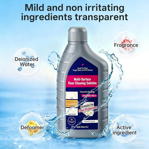 Bottle of 70.54 Fl Oz All Purpose Cleaner for Robot Vacuums on blue background with deionized water, defoamer, and fragrance elements.