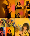 Collage of models with Sunset Lamp Projector With Remote 13 Color Multicolor Night Light casting colorful shadows on walls