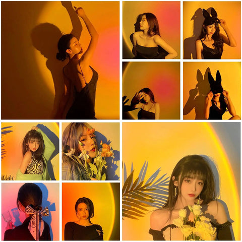 Collage of models with Sunset Lamp Projector With Remote 13 Color Multicolor Night Light casting colorful shadows on walls