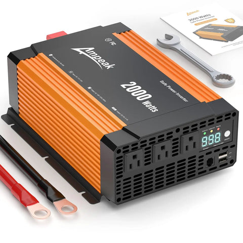 Reliable Workhorse 2000 Watt Power Inverter With Wireless Remote And Dual Usb 4000W Surge Kick Ultra Quiet 52 Db Fan Lcd Screen High Efficiency Battery Converter For Rv Car Truck Off Grid Adventures, positioned on a white surface.
