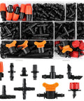 230 Piece All In One Quarter Inch Barbed Drip Irrigation Fittings Kit With Misting Nozzles Micro Drippers displayed in case