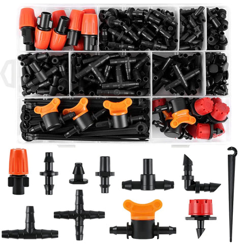 230 Piece All In One Quarter Inch Barbed Drip Irrigation Fittings Kit With Misting Nozzles Micro Drippers displayed in case