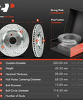 12.6 Inch Front Drilled And Slotted Disc Brake Rotors With Ceramic Pads Kit in box showing dimensions and specifications