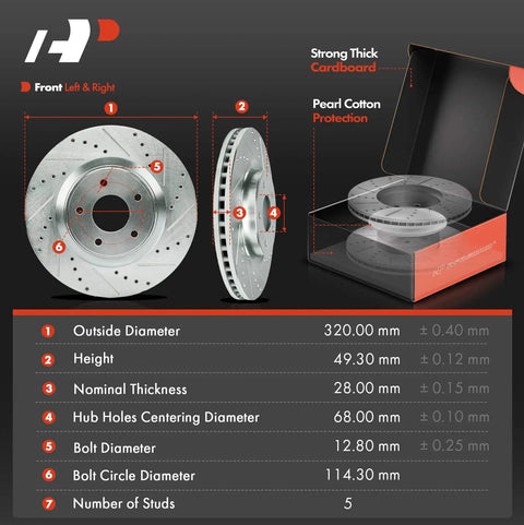 12.6 Inch Front Drilled And Slotted Disc Brake Rotors With Ceramic Pads Kit in box showing dimensions and specifications