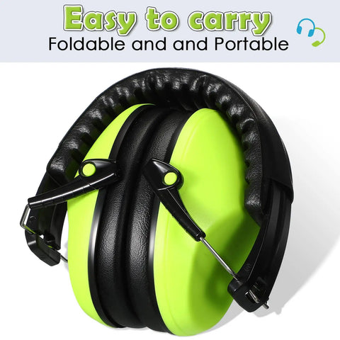 Foldable Six Pack Kids Noise Cancelling Ear Muffs, adjustable 27 NRR hearing protection for toddlers, bright green soft padding