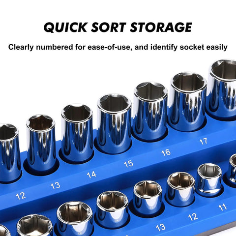Magnetic Socket Organizer Kit Three Piece For Half Inch, Three Eighths Inch, And Quarter Inch Drive Sockets in blue