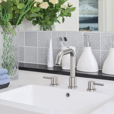 8 Inch Widespread Bathroom Faucet With 3 Hole Mount Two Handles Pop Up Drain CUPC Lead Free Supply Hose Ceramic Valve Core In Brushed Nickel