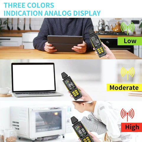 5 In 1 EMF Meter Detector For Home Use And Ghost Hunting, Detects Radio Frequency, Electric And Magnetic Fields, Temperature And Humidity Readouts, Rechargeable EMF Reader, Handy Field Strength Meter For Quick Radiation Checks. device showing low, moderate, high readings