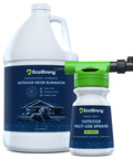 Outdoor Odor Eliminator For Pets Enzyme Cleaner That Tackles Dog Urine On Yards Turf Patios Kennels And Decks With No Harsh Chemicals And Fresh Eucalyptus Scent Gallon With Sprayer Safe On Most Outdoor Surfaces displayed with a reusable sprayer.