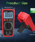 Pro Grade Digital Multimeter 1000V AC DC Manual Range Tester with dimensions and stand visible