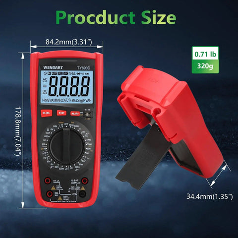 Pro Grade Digital Multimeter 1000V AC DC Manual Range Tester with dimensions and stand visible