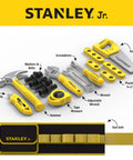 Kids Tool Set For Pretend Play With Hammer Ruler And Builders Tools 25 Piece Educational Toy Kit for ages 3+, tools laid out with labels.