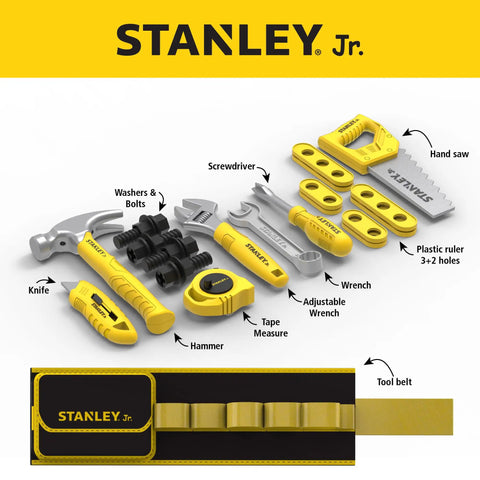 Kids Tool Set For Pretend Play With Hammer Ruler And Builders Tools 25 Piece Educational Toy Kit for ages 3+, tools laid out with labels.
