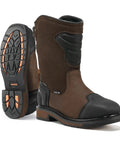 Front and sole view of motocross inspired steel toe work boots for men waterproof safety boots with all around protection square toe construction boots slip resistant and electrical hazard protection for industrial jobs and motorcycles tough as nails.