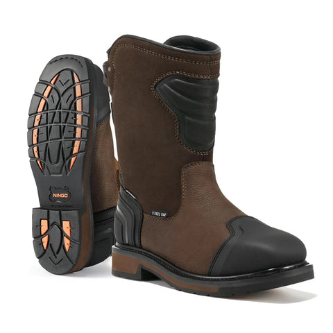 Front and sole view of motocross inspired steel toe work boots for men waterproof safety boots with all around protection square toe construction boots slip resistant and electrical hazard protection for industrial jobs and motorcycles tough as nails.