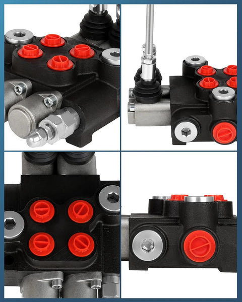 FAHKNS 3-spool hydraulic flow control valve, black body with red adjustment caps and metal fittings