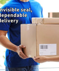 Person delivering box sealed with heavy duty packing tape for shipping and moving, clear, 6 rolls, 390 yards total, 1.88 inch wide.
