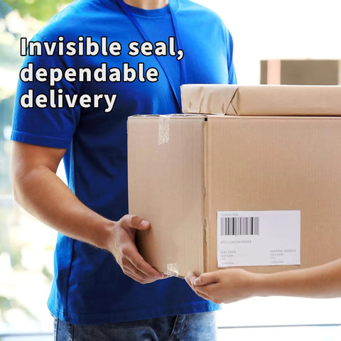 Person delivering box sealed with heavy duty packing tape for shipping and moving, clear, 6 rolls, 390 yards total, 1.88 inch wide.