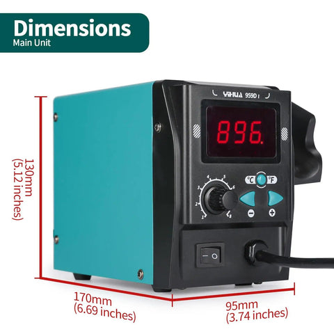 959D I Digital Hot Air Rework Station dimensions with display and controls shown, 170mm x 130mm x 95mm, for SMD reflow soldering