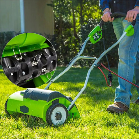 Man using Greenworks 14 inch dethatcher with 36 pack dethatcher tines replacement compatible with Greenworks 27022 and 2500600G