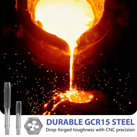 Melted metal being poured with durable GCR15 steel tap and die set, featuring Pro Grade Tap And Die Set With 60 Pieces For SAE No. 4 To One Half Inch And Metric M3 To M12 Rethreading Tools And Thread Chasers.